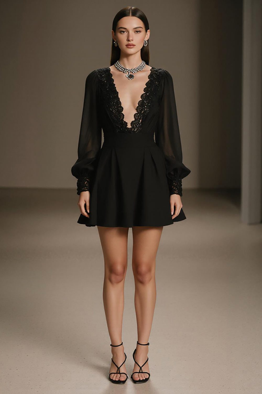 Black Chiffon Deep V-Neck A Line Short Cocktail Dress with Sleeves