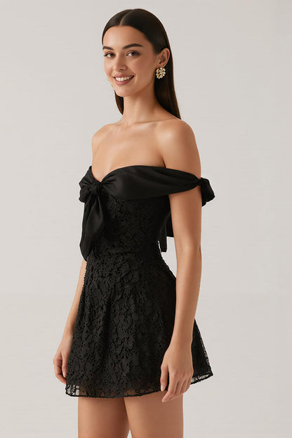 Black Lace A Line Off The Shoulder Short Cocktail Dress with Bow