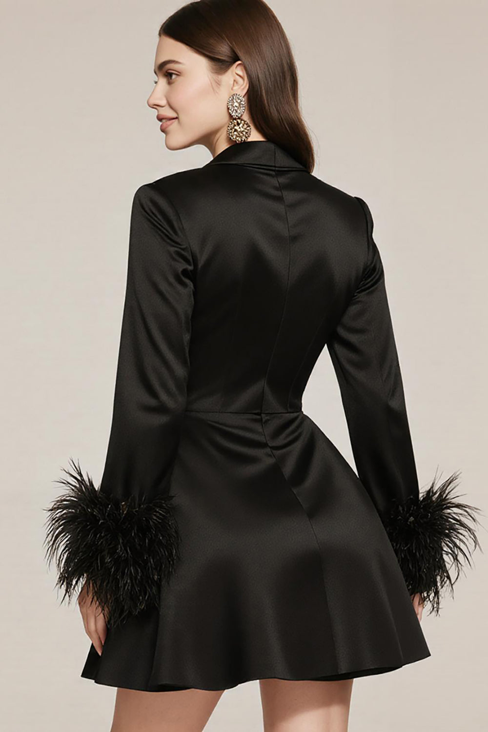 Black Satin Notched Lapel A Line Short Cocktail Dress with Feather