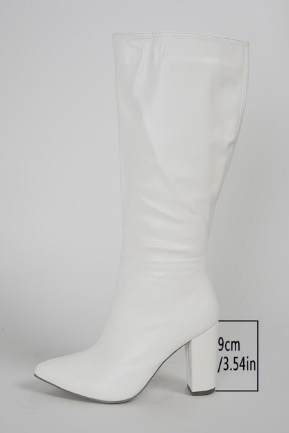 White Wide Calf Pointed Toe Knee High Chunky Heel Boots