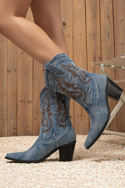 Dark Blue Wide Calf Pointed Toe Chunky Heel Embroidered Cowgirl Boots