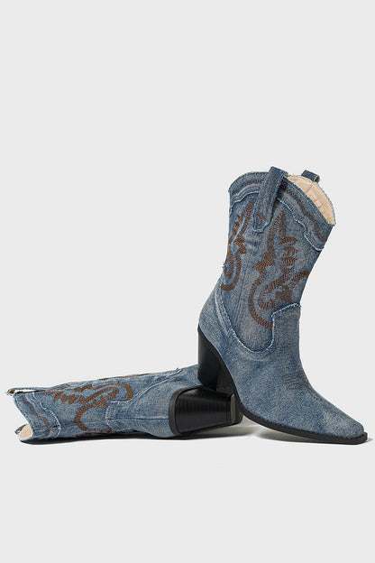 Dark Blue Wide Calf Pointed Toe Chunky Heel Embroidered Cowgirl Boots
