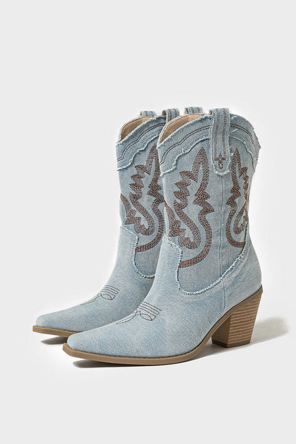 Dark Blue Wide Calf Pointed Toe Chunky Heel Embroidered Cowgirl Boots