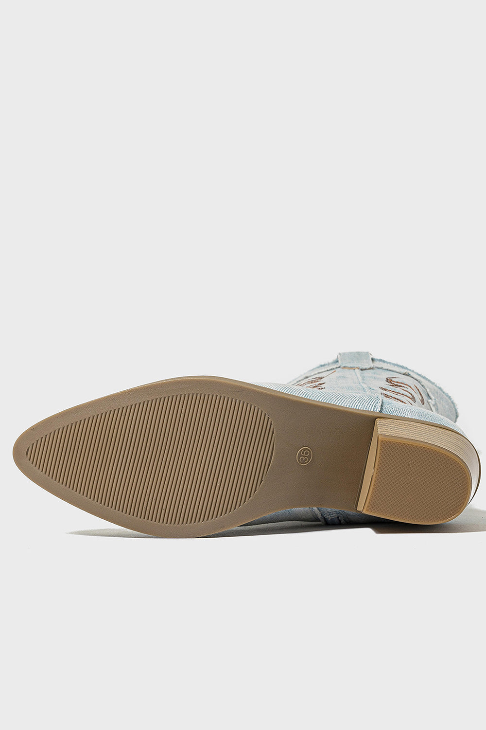 Dark Blue Pointed Toe Mid Calf Chunky Heel Embroidered Cowgirl Boots