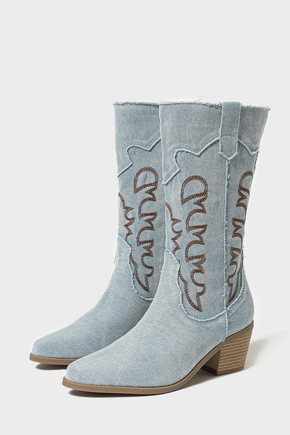 Dark Blue Pointed Toe Mid Calf Chunky Heel Embroidered Cowgirl Boots
