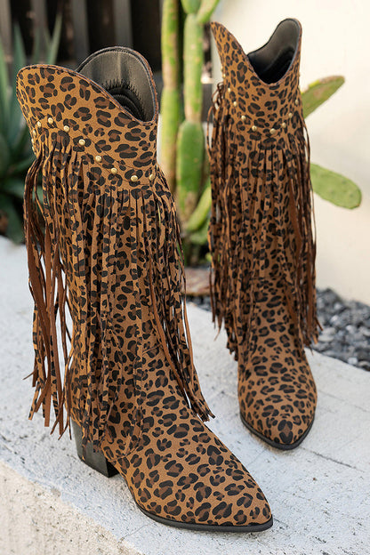 Brown Leopard Wide Calf Chunky Heel Cowgirl Boots with Fringes
