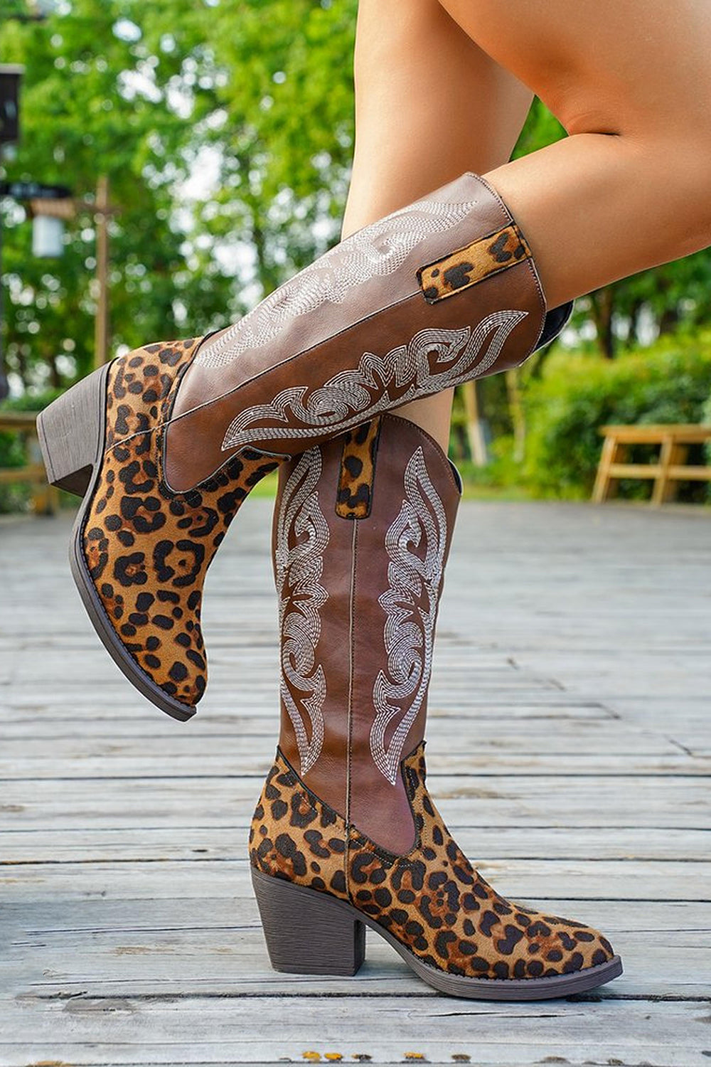 Brown Leopard Chunky Heel Wide Calf Embroidered Cowgirl Boots