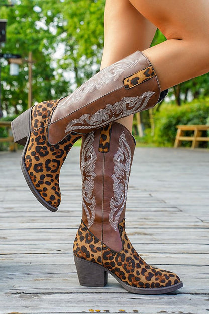 Brown Leopard Chunky Heel Wide Calf Embroidered Cowgirl Boots
