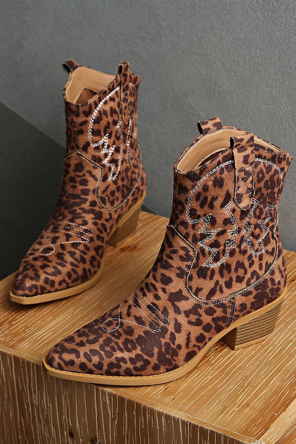 Brown Leopard Pointed Toe Chunky Heel Embroidered Cowgirl Ankle Boots
