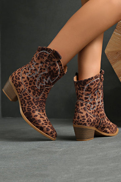 Brown Leopard Pointed Toe Chunky Heel Embroidered Cowgirl Ankle Boots