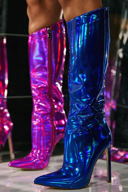 Sparkly Hot Pink Pointed Toe Stiletto High Heel Knee High Boots