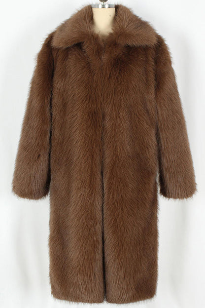 Brown Fluffy Faux Fur Lapel Collar Long Winter Men's Coat