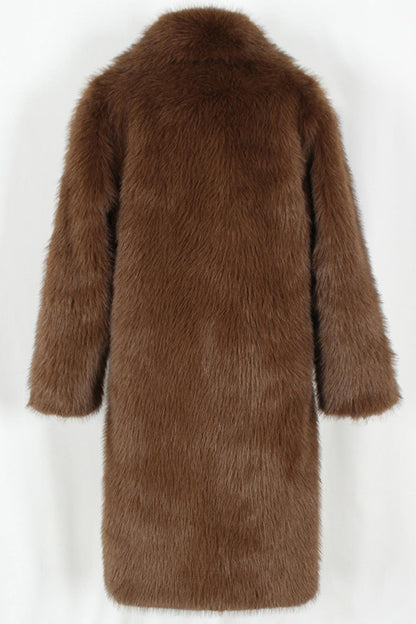 Brown Fluffy Faux Fur Lapel Collar Long Winter Men's Coat