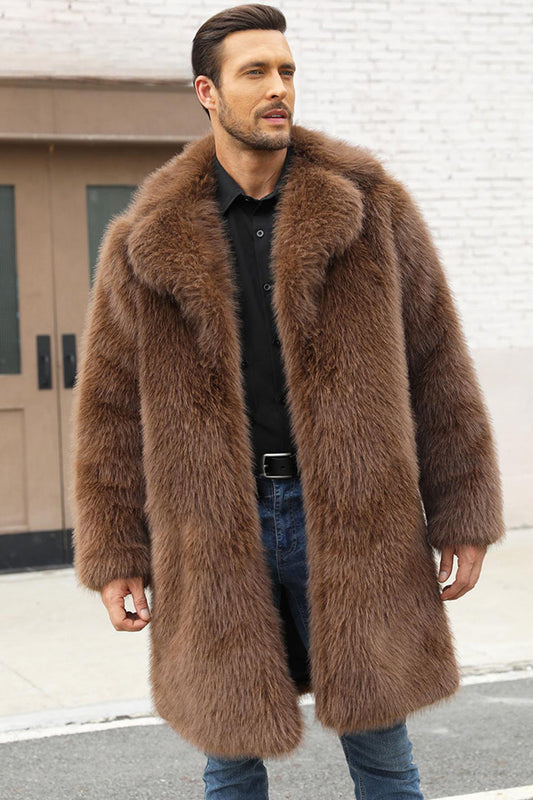 Brown Faux Fur Notched Lapel Long Men's Winter Coat