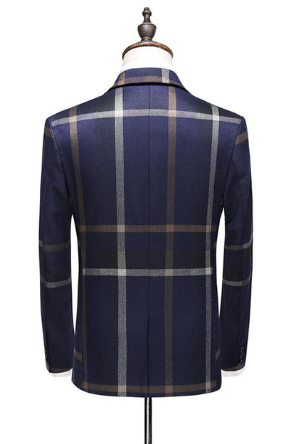 Dark Blue Notched Lapel Plaid 3-Piece Men Suits