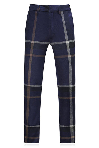 Dark Blue Notched Lapel Plaid 3-Piece Men Suits