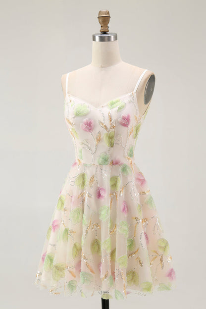 Apricot Floral Sequin A Line Mini Homecoming Dress