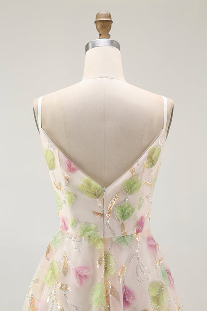 Apricot Floral Sequin A Line Mini Homecoming Dress