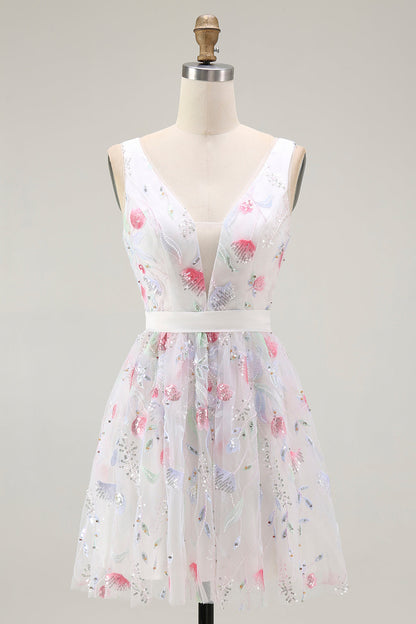 Sparkly Floral White V-Neck Backless A Line Sequin Homecoming Dress