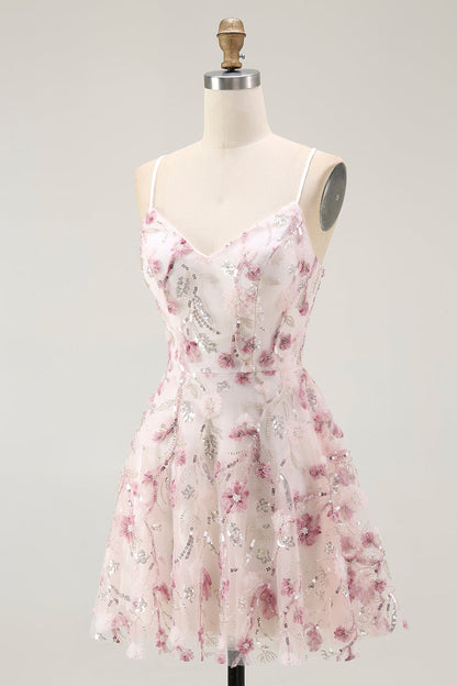 Pink Floral Sequins A Line Short Homecoming Dress with Lace Up Back