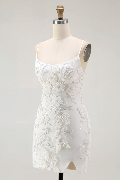 White Bodycon Spaghetti Straps Appliqued Homecoming Dress with Slit
