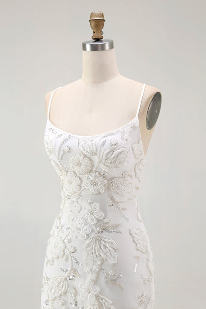 White Bodycon Spaghetti Straps Appliqued Homecoming Dress with Slit