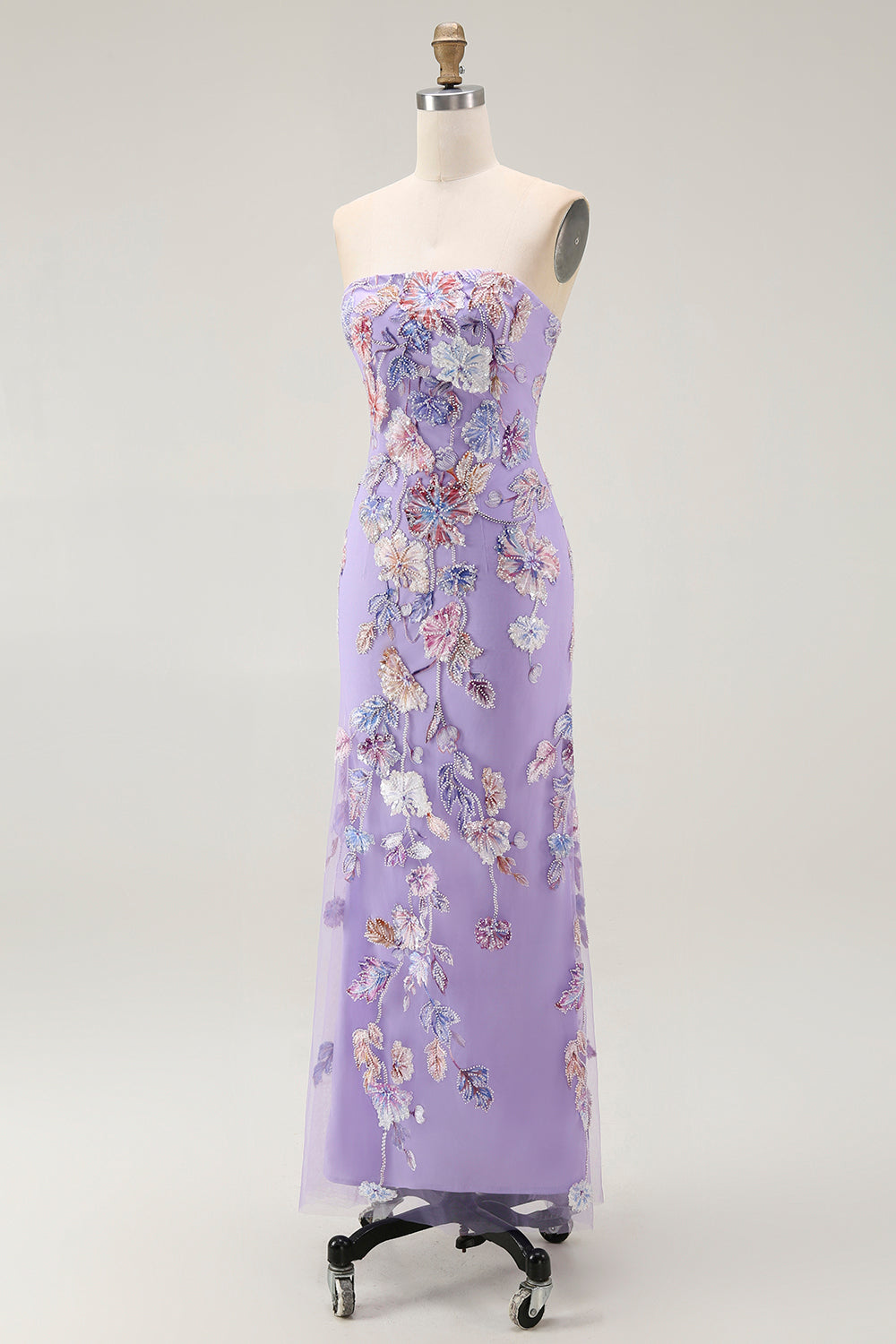 Strapless Purple Floral Sheath Prom Dress with Beading