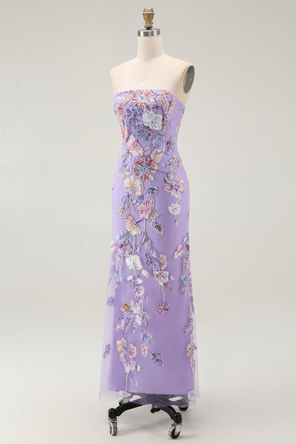 Strapless Purple Floral Sheath Prom Dress with Beading