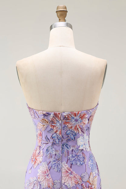 Strapless Purple Floral Sheath Prom Dress with Beading