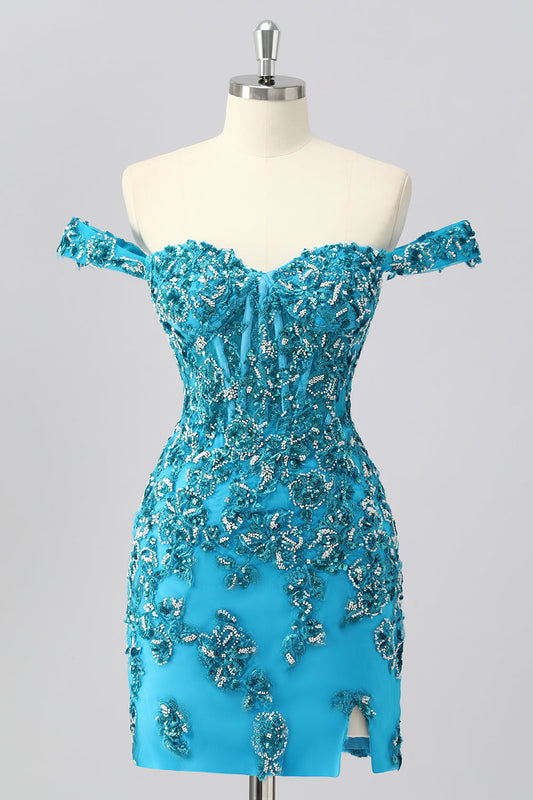 Off The Shoulder Blue Beaded Corset Bodycon Homecoming Dress with Appliques