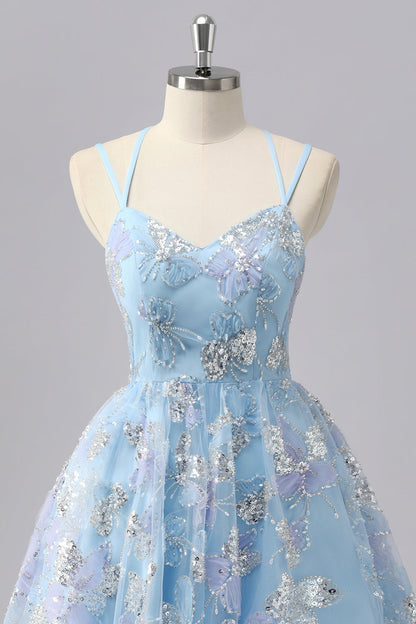 Blue Floral A Line Sequin Mini Homecoming Dress