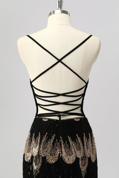 Black Bodycon Sequin Short Homecoming Dress with Lace Up Back