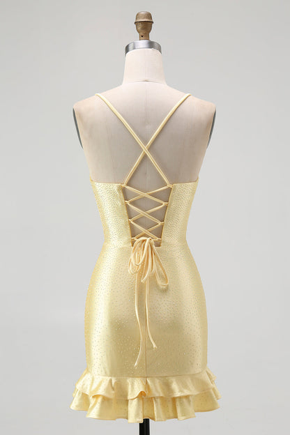 Yellow Beaded Bodycon Ruffled Mini Homecoming Dress