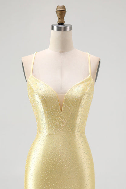 Yellow Beaded Bodycon Ruffled Mini Homecoming Dress