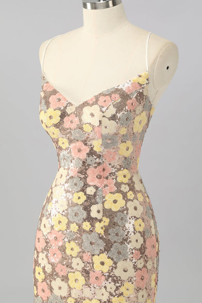 Yellow Floral Sequin Bodycon Mini Homecoming Dress