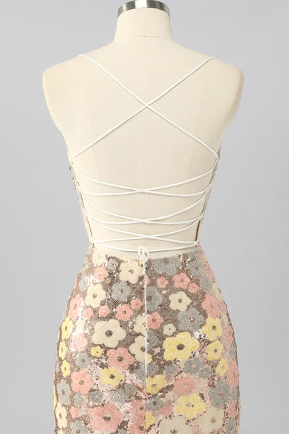 Yellow Floral Sequin Bodycon Mini Homecoming Dress