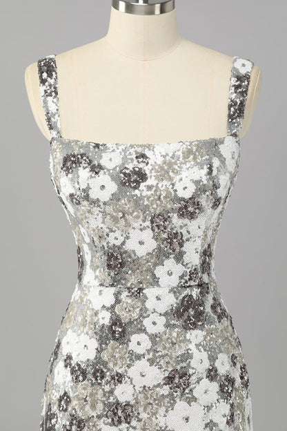 Sparkly Silver Floral Sequin Bodycon Mini Homecoming Dress with Slit