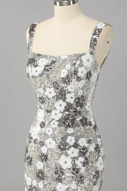 Sparkly Silver Floral Sequin Bodycon Mini Homecoming Dress with Slit
