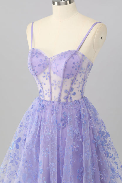 Purple A Line Spaghetti Straps Corset Sequin Homecoming Dress