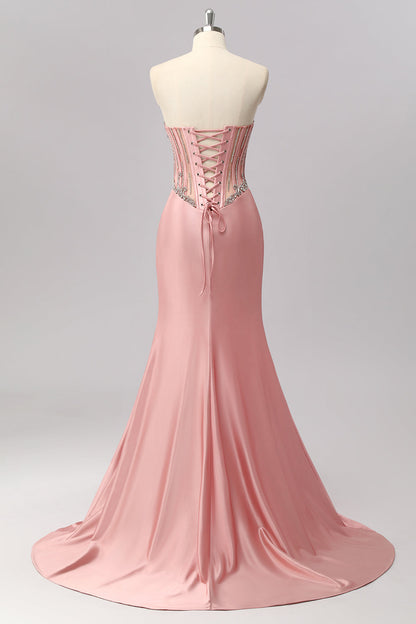 Blush Strapless Corset Mermaid Beaded Prom Dress