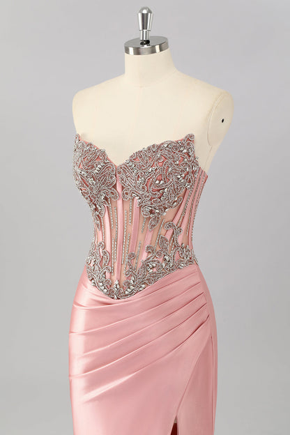 Blush Strapless Corset Mermaid Beaded Prom Dress