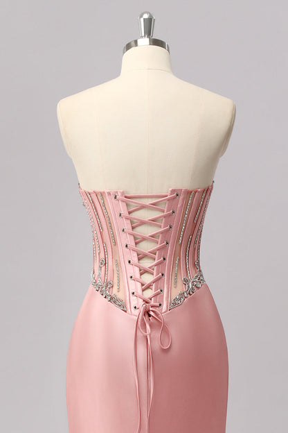 Blush Strapless Corset Mermaid Beaded Prom Dress