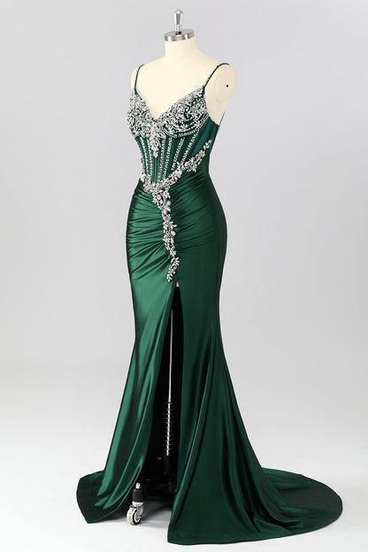 Dark Green Corset Mermaid Long Prom Dress with Rhinestones