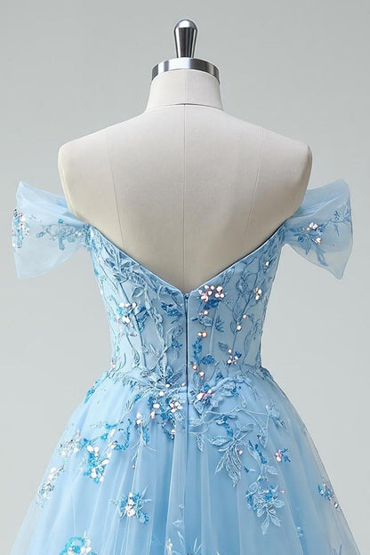 Sparkly Sky Blue Off The Shoulder A-Line Corset Homecoming Dress