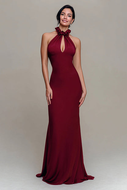 Burgundy Halter Mermaid Keyhole Long Formal Dress