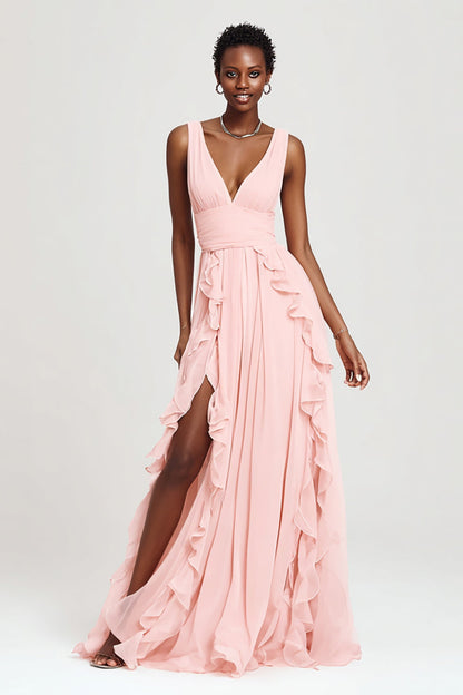 Pink A Line Ruffled Chiffon Long Formal Dress with Slit