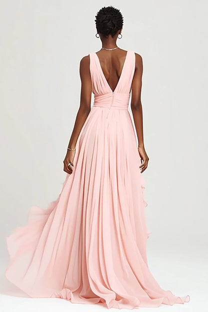 Pink A Line Ruffled Chiffon Long Formal Dress with Slit