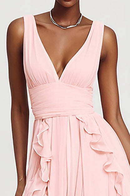 Pink A Line Ruffled Chiffon Long Formal Dress with Slit