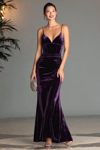 Purple Velvet Sheath Spaghetti Straps Long Formal Dress