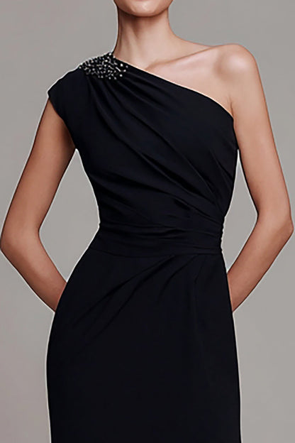 One Shoulder Black Mermaid Long Formal Dress with Beading